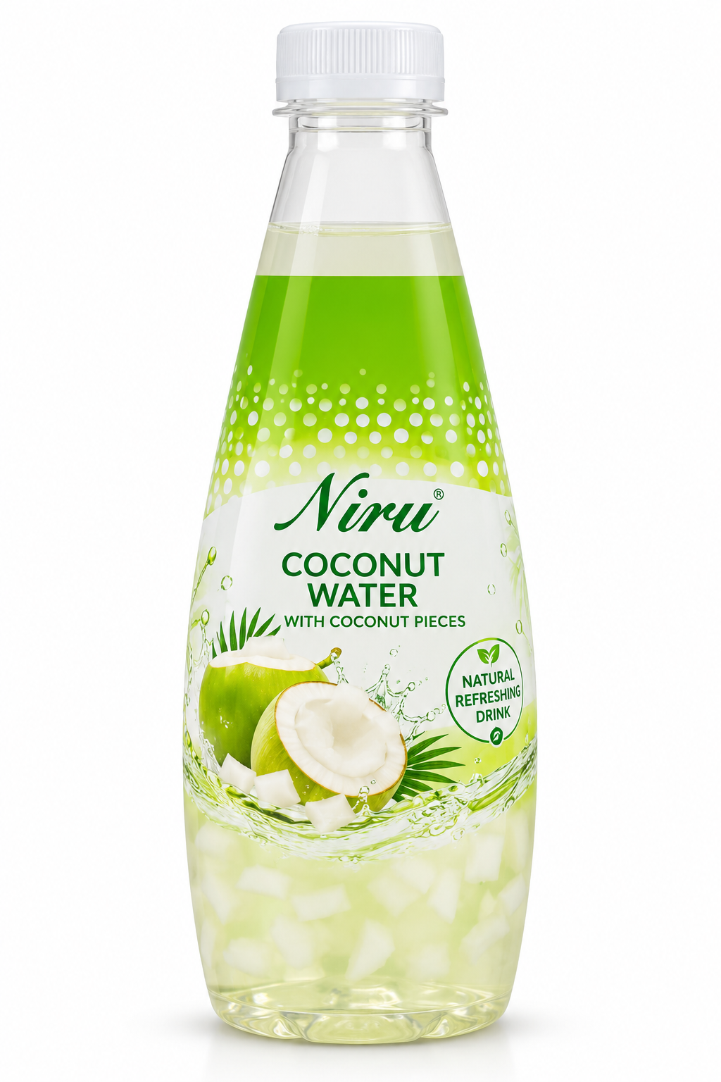 Niru Coconut Water with Coconut Pieces 290ml bottle featuring green and white packaging, fresh coconut imagery, and coconut pieces in refreshing coconut water.