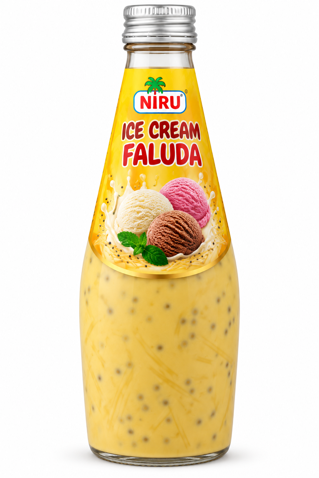 Niru Ice Cream Faluda 290ml bottle featuring creamy yellow faluda with visible seeds and strands, a bright yellow label with vanilla, strawberry and chocolate ice cream graphics, and a silver screw cap.