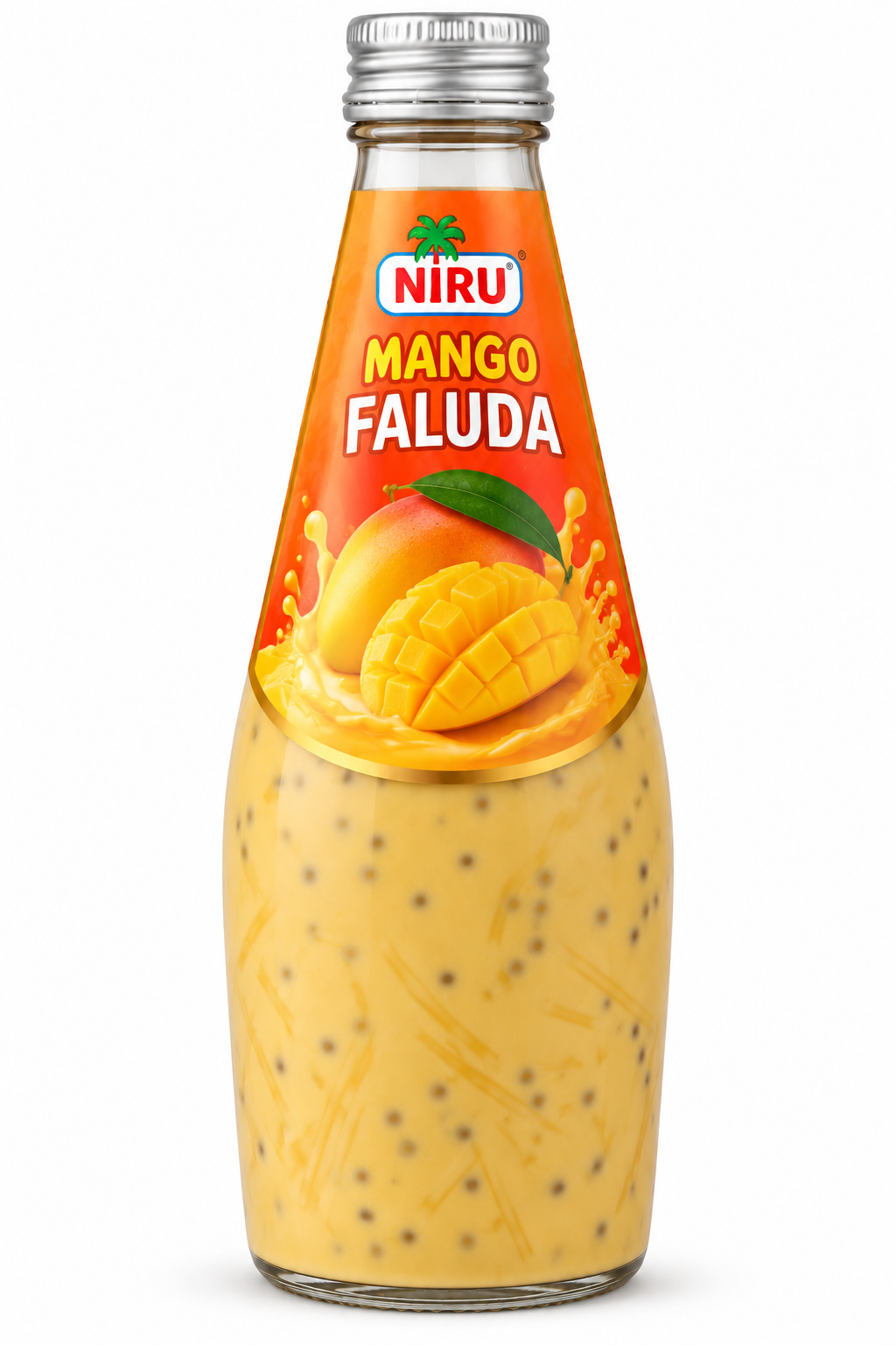 Niru Mango Faluda 290ml bottle featuring creamy mango faluda with visible seeds and strands, an orange label with fresh mango graphics, and a silver screw cap.