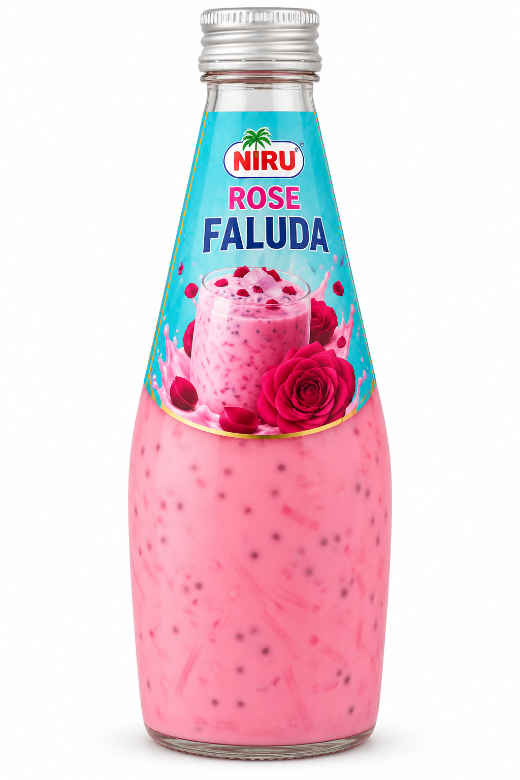 Niru Rose Faluda 290ml bottle featuring creamy pink rose faluda, a turquoise label with rose flower graphics, and a silver screw cap.