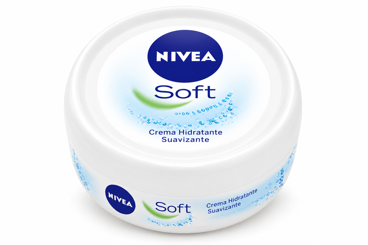 NIVEA Soft moisturizing cream pot with a white lid, blue NIVEA logo, green accent and light blue water droplet graphics, representing the 50ml cream pot in a four-pack.NIVEA Soft moisturizing cream pot with a white lid, blue NIVEA logo, green accent and light blue water droplet graphics, representing the 50ml cream pot in a four-pack.