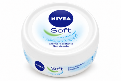 NIVEA Soft moisturizing cream pot with a white lid, blue NIVEA logo, green accent and light blue water droplet graphics, representing the 50ml cream pot in a four-pack.NIVEA Soft moisturizing cream pot with a white lid, blue NIVEA logo, green accent and light blue water droplet graphics, representing the 50ml cream pot in a four-pack.