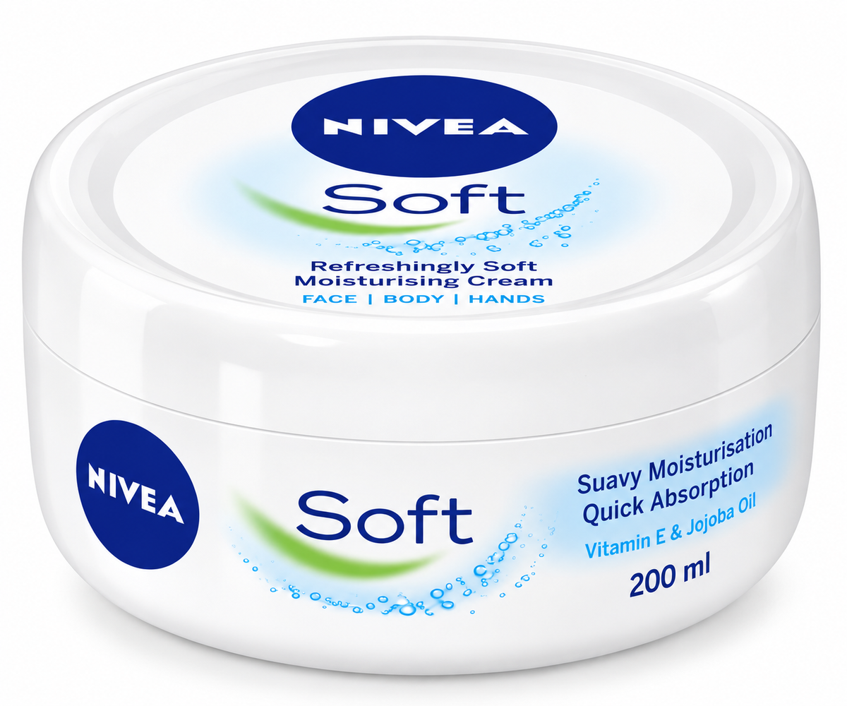 Soft Cream 200ml in a round white plastic pot with a matching lid, blue NIVEA logo, green swoosh and blue water droplet graphics.