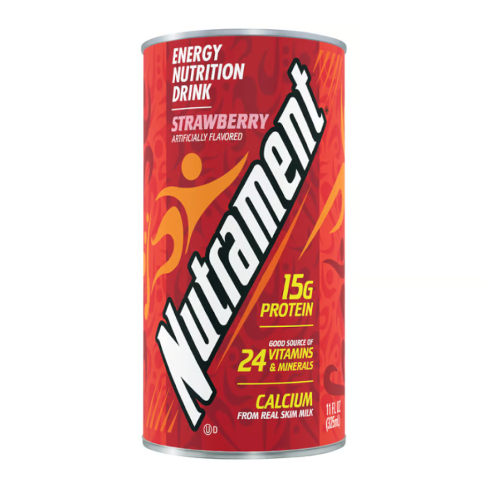 Nutrament Complete Nutrition Drink Strawberry 11oz (312ml) bottle featuring protein, vitamins, and minerals