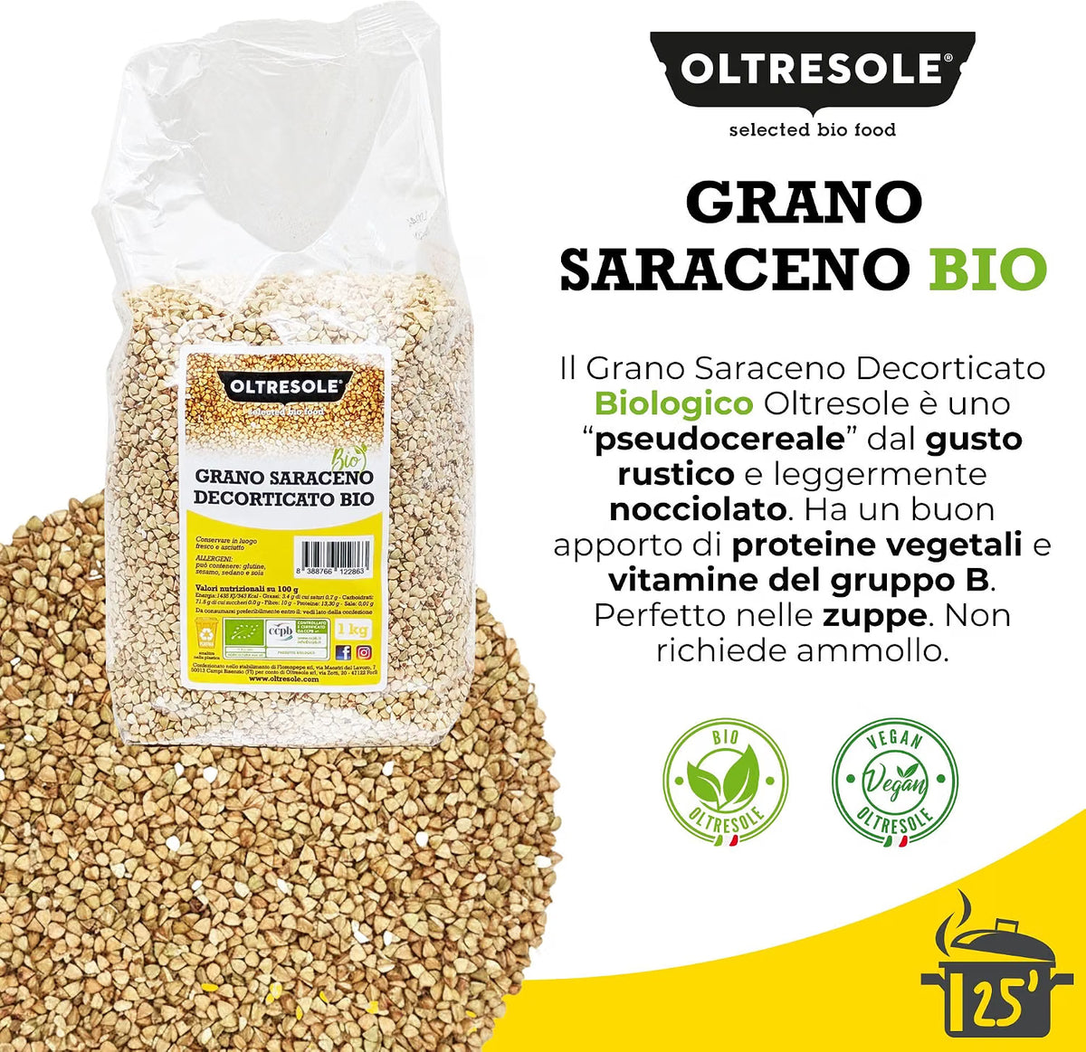 Oltresole Organic Decorticated Buckwheat product information with packaging and buckwheat grains.