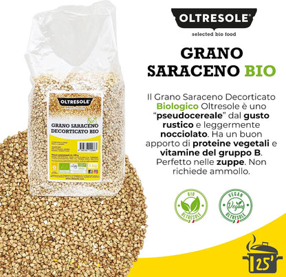Oltresole Organic Decorticated Buckwheat product information with packaging and buckwheat grains.