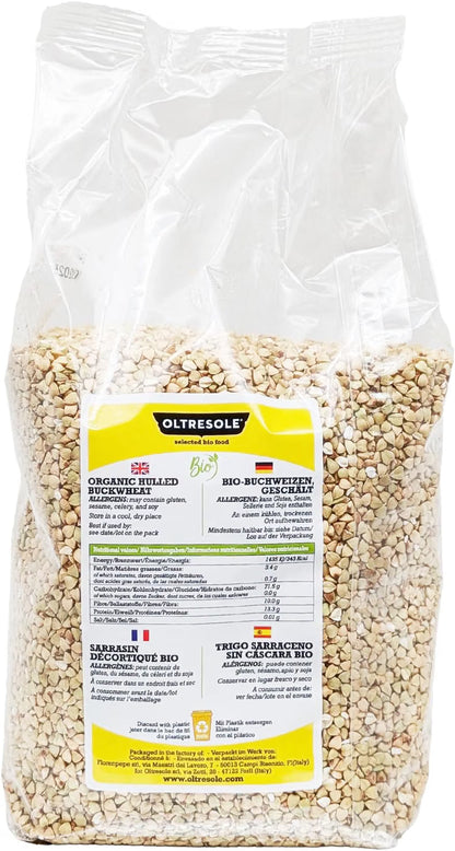 Oltresole Organic Decorticated Buckwheat 1kg package shown from the side.