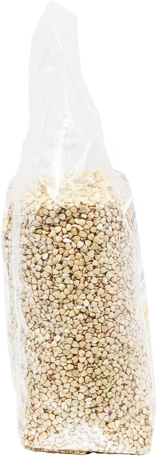 Oltresole Organic Decorticated Buckwheat 1kg pack shown from the side with hulled buckwheat grains visible inside.