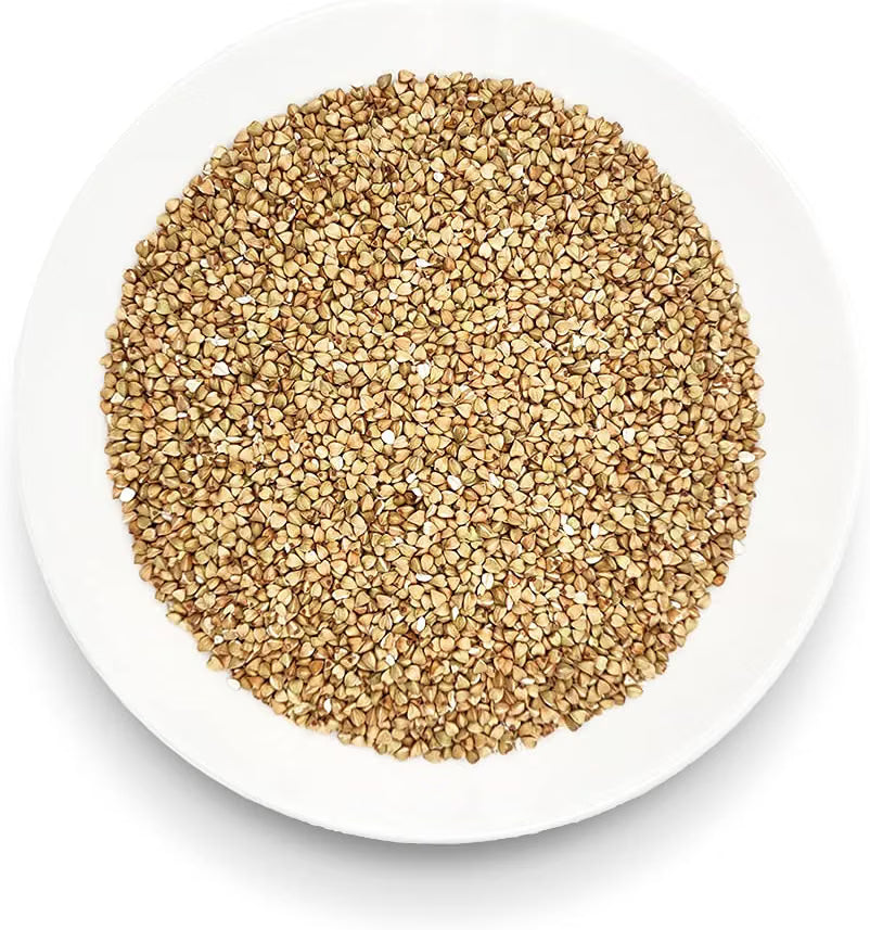 Oltresole organic decorticated buckwheat grains displayed on a white plate.