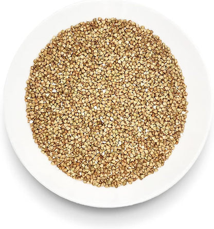 Oltresole organic decorticated buckwheat grains displayed on a white plate.