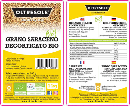 Oltresole Organic Decorticated Buckwheat packaging showing front and back product labels.