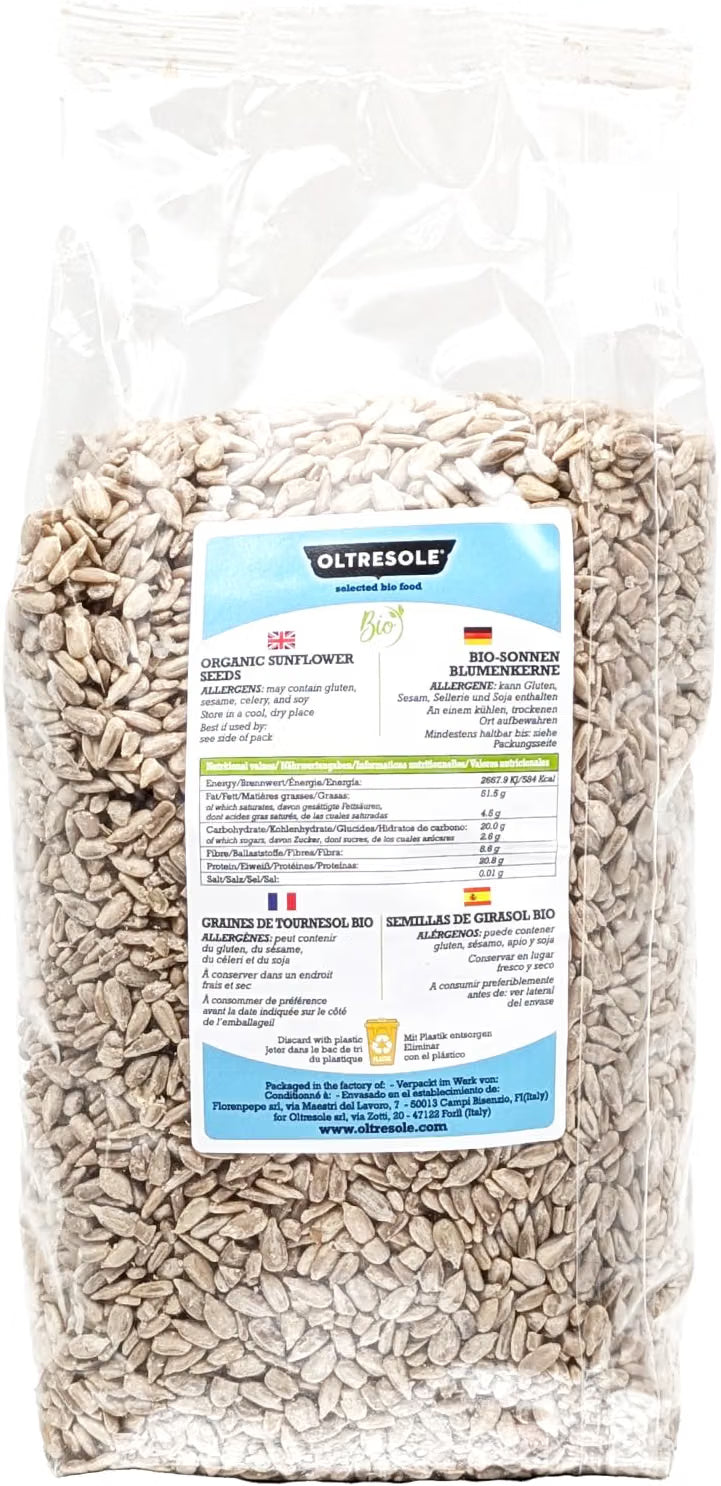 Oltresole Organic Sunflower Seeds 1kg packaging showing the back label and product information.
