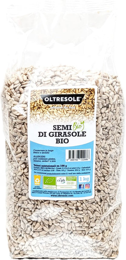 Oltresole Organic Sunflower Seeds 1kg pack with shelled sunflower seeds.