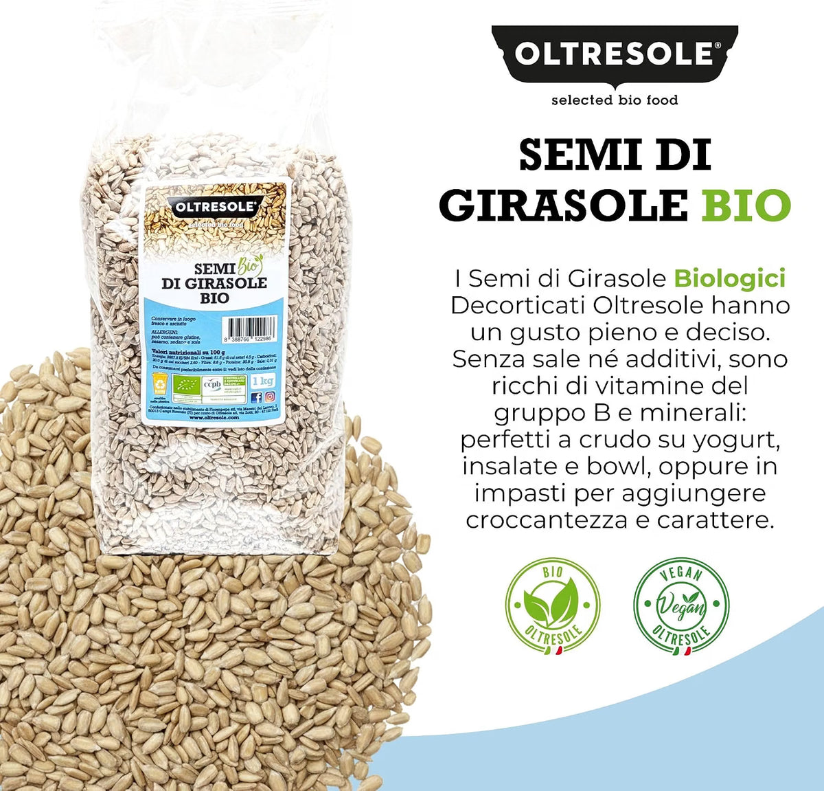 Oltresole Organic Sunflower Seeds product graphic highlighting sunflower seed characteristics and nutritional information.