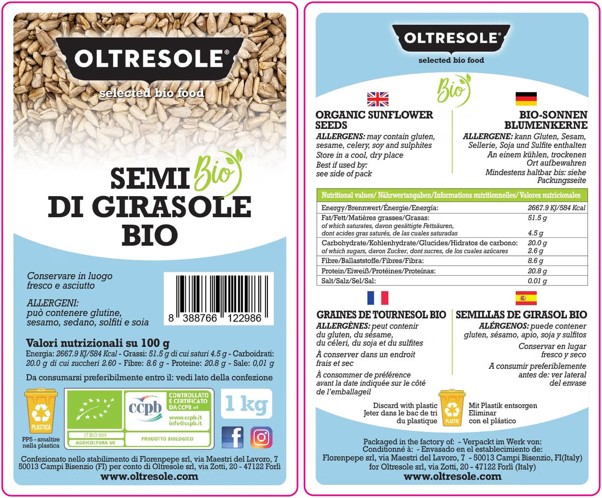 Oltresole organic sunflower seeds served with bread and a savoury dip.