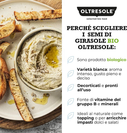 Oltresole Organic Sunflower Seeds product graphic highlighting sunflower seed characteristics and nutritional information.
