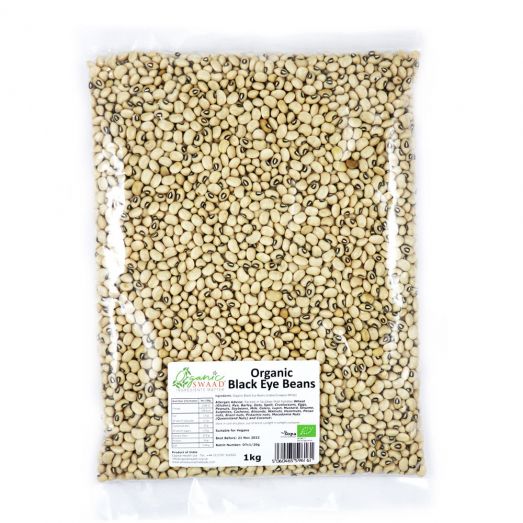 Organic Swaad Black Eye Beans 1kg pack showing dried black-eyed beans (cowpeas) in branded packaging.
