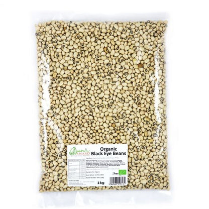 Organic Swaad Black Eye Beans 1kg pack showing dried black-eyed beans (cowpeas) in branded packaging.