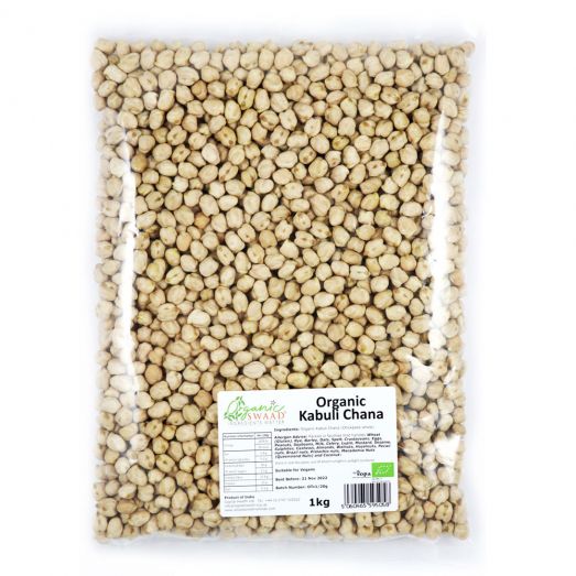 Organic Swaad White Chick Peas 1kg pack containing dried white chickpeas (Kabuli chana) in branded packaging.