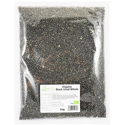 Organic Swaad Urad Black Whole 1kg pack containing whole black gram (urad dal with skin) in branded packaging.