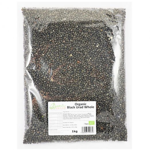 Organic Swaad Urad Black Whole 1kg pack containing whole black gram (urad dal with skin) in branded packaging.