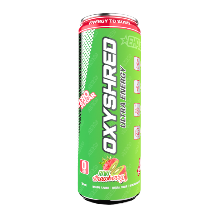 Front view of OxyShred Kiwi Strawberry Ultra Energy Drink 355ml can