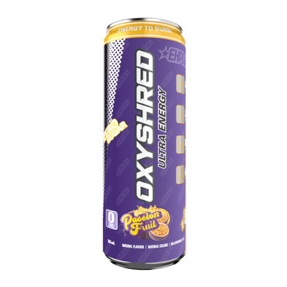 Front view of OxyShred Ultra Energy Drink in Passionfruit flavour, 355ml can