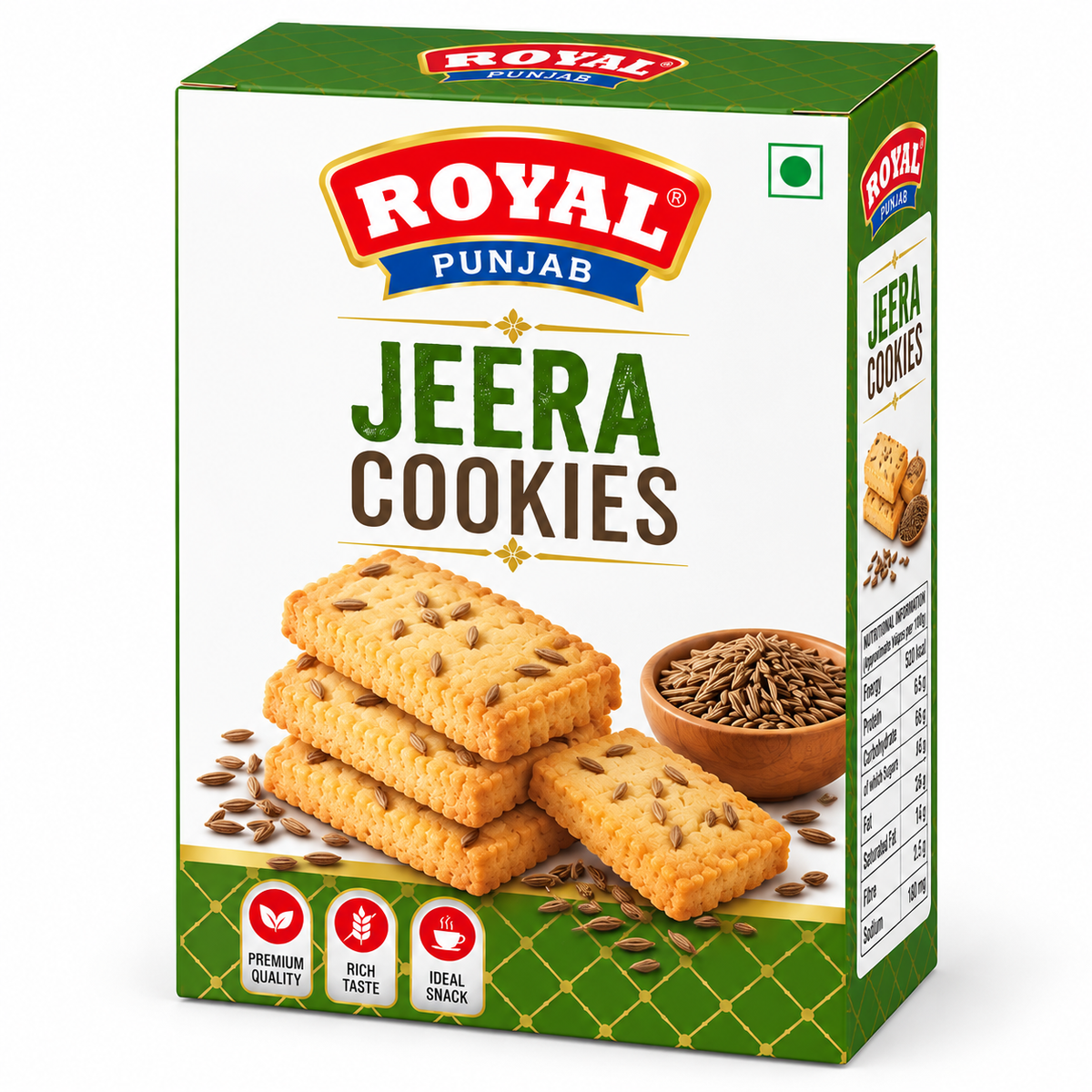 Royal Punjab Jeera Cookies 200g box featuring golden cumin-seed cookies, cumin seeds in a bowl, green and white packaging, and the red and blue Royal Punjab logo.