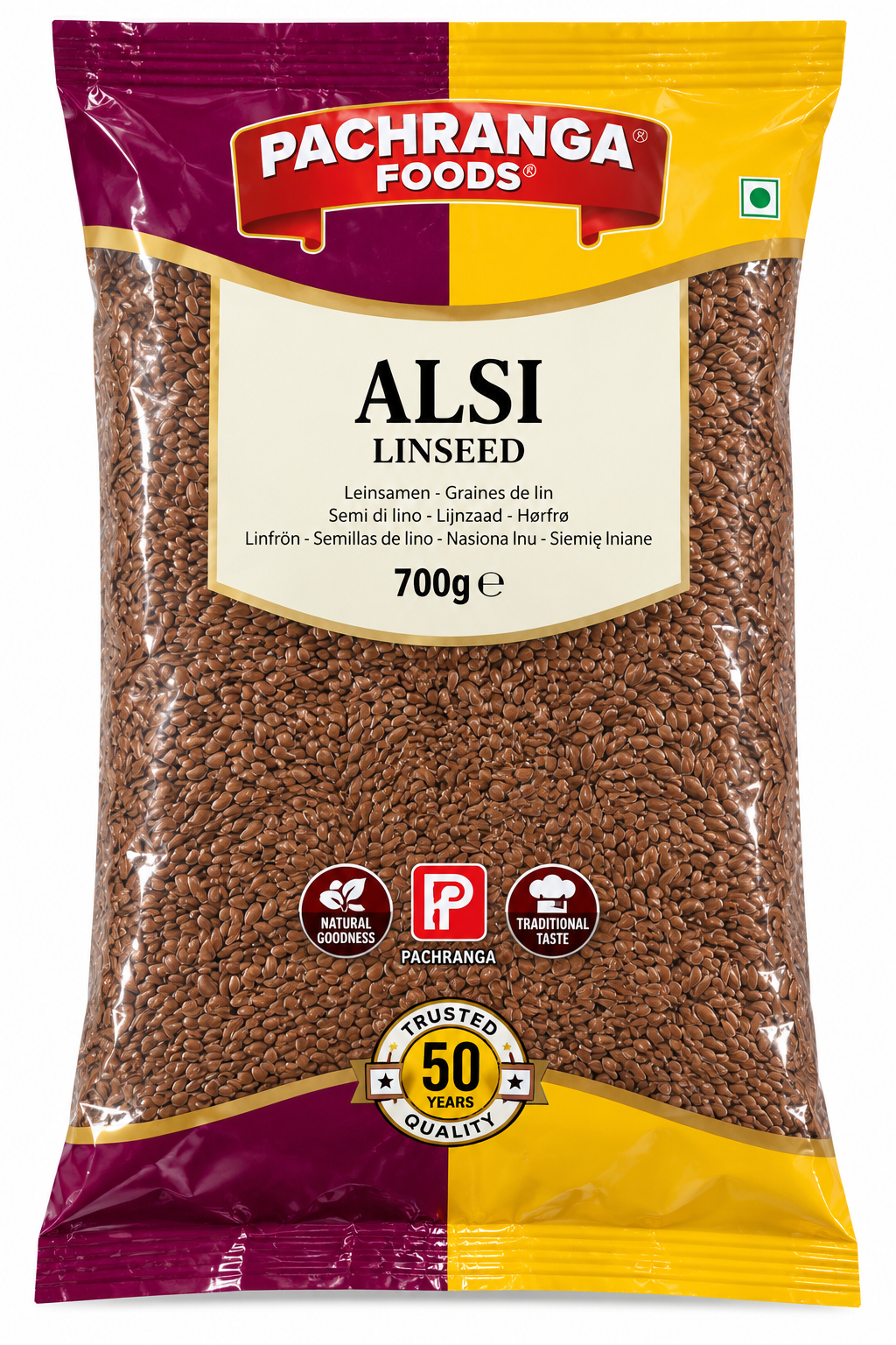 Pachranga Foods Alsi Linseed 700g pouch containing brown flax seeds, displayed on a clean white background.