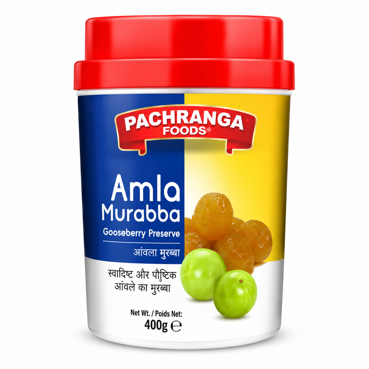 Pachranga Foods Amla Murabba 400g jar with a bright red lid and blue and yellow packaging, featuring preserved amla gooseberries and fresh green Indian gooseberries on the label. A traditional Indian gooseberry preserve suitable for enjoying as part of everyday meals.