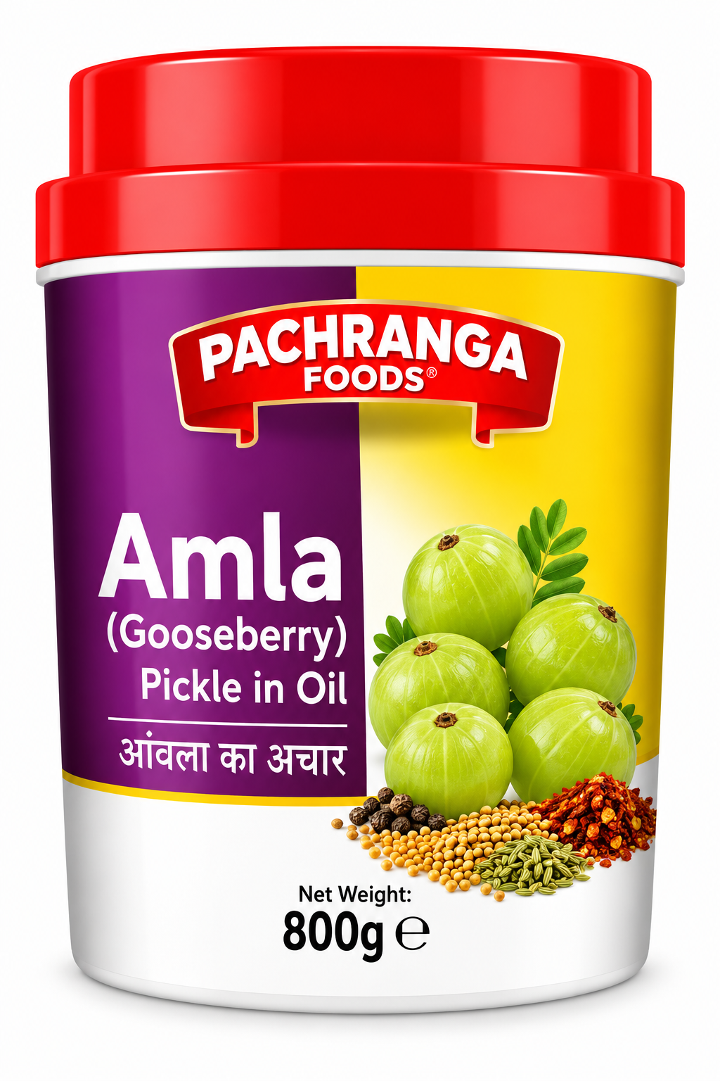 Pachranga Foods Amla Pickle 800g jar with a red lid and purple and yellow packaging, featuring green Indian gooseberries, leaves, and spices. Traditional Indian amla pickle in oil, ideal for serving with rice, roti, paratha, and everyday Indian meals.