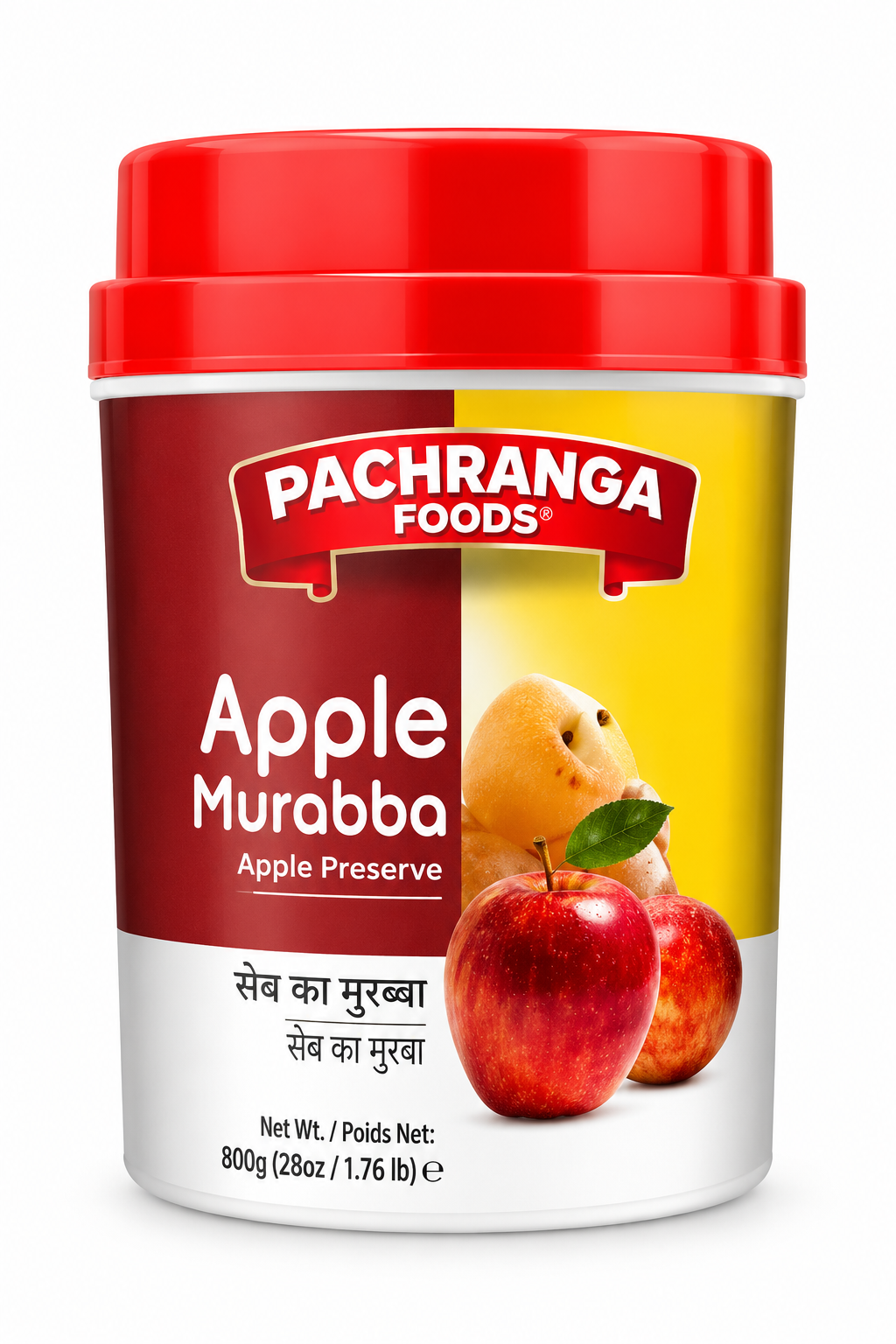 Pachranga Foods Apple Murabba 800g jar with a bright red lid and red and yellow label, featuring the Pachranga Foods brand name, Apple Murabba product name, and images of apples. Traditional Indian apple preserve in a convenient 800g container.