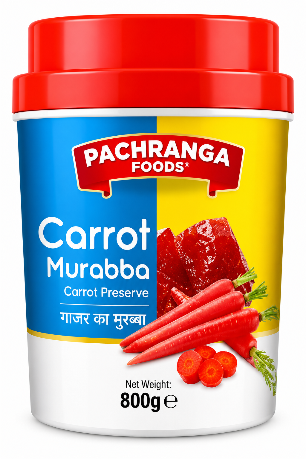 Pachranga Foods Carrot Murabba 800g plastic tub with a red lid and colorful blue, yellow, and white label, featuring the Pachranga Foods brand name, Carrot Murabba product name, and images of red carrots. Traditional Indian carrot murabba preserve in a convenient 800g container.