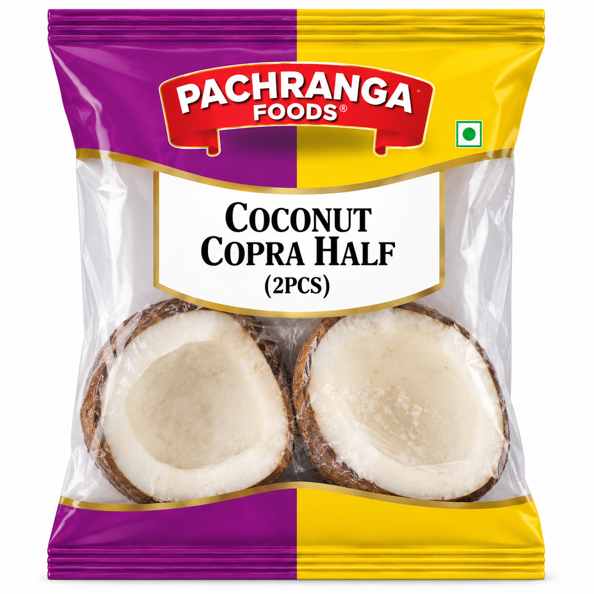 Pachranga Foods Coconut Copra Half 2 Pieces in a transparent pouch with purple and yellow packaging, featuring two coconut halves with white edible flesh and brown outer shells, suitable for cooking and traditional Indian food preparations.