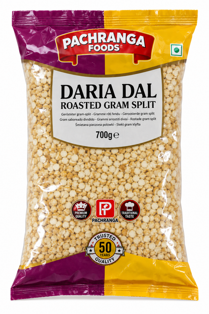 Pachranga Foods Daria Dal Roasted Gram Split 700g pouch on a clean white background.