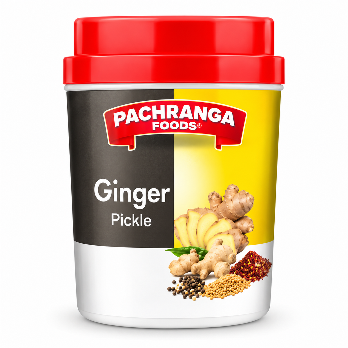 Pachranga Foods Ginger Pickle 800g jar with a red lid and black, yellow, and white label featuring ginger and traditional Indian pickle spices, isolated on a white background.