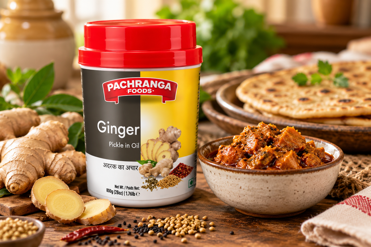 Pachranga Foods Ginger Pickle 800g jar displayed beside a bowl of ginger pickle, fresh ginger, spices, and Indian parathas on a rustic wooden table, ideal for serving with Indian meals.