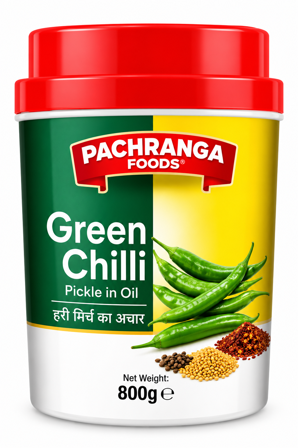 Pachranga Foods Green Chilli Pickle 800g jar with red lid and green and yellow label, featuring green chillies, for Indian meals and traditional pickle lovers.