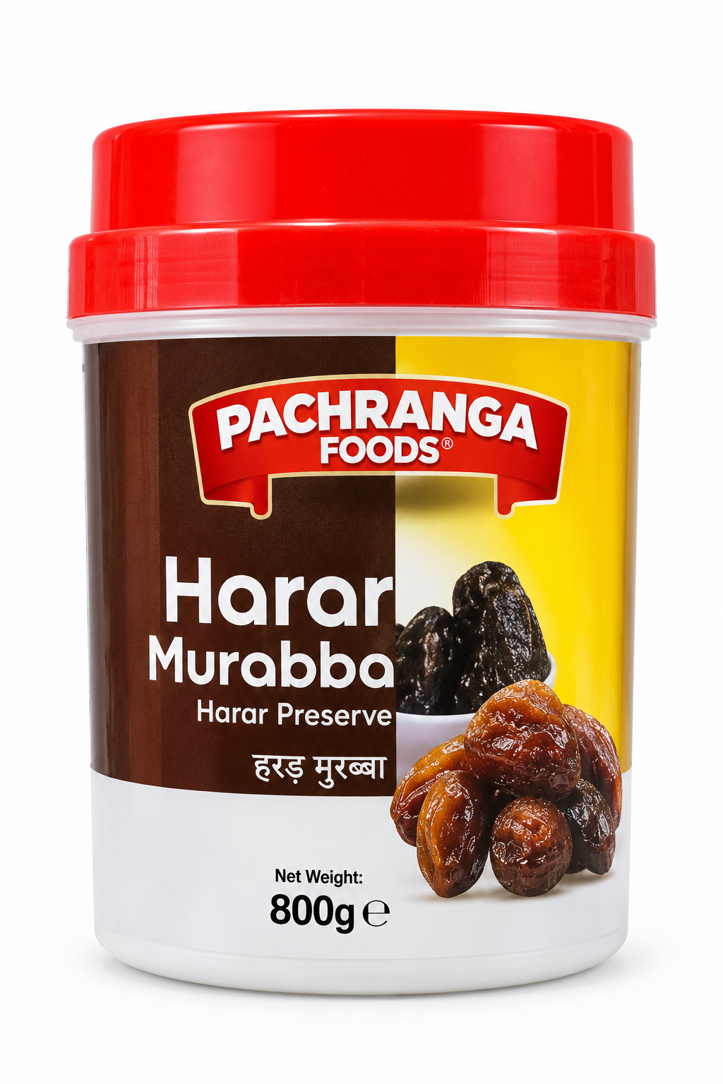 Pachranga Foods Harar Murabba 800g plastic tub with a red lid and brown and yellow label, featuring the Harar Murabba preserve product name and an image of glossy preserved fruit.