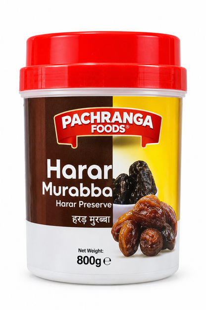 Pachranga Foods Harar Murabba 800g plastic tub with a red lid and brown and yellow label, featuring the Harar Murabba preserve product name and an image of glossy preserved fruit.
