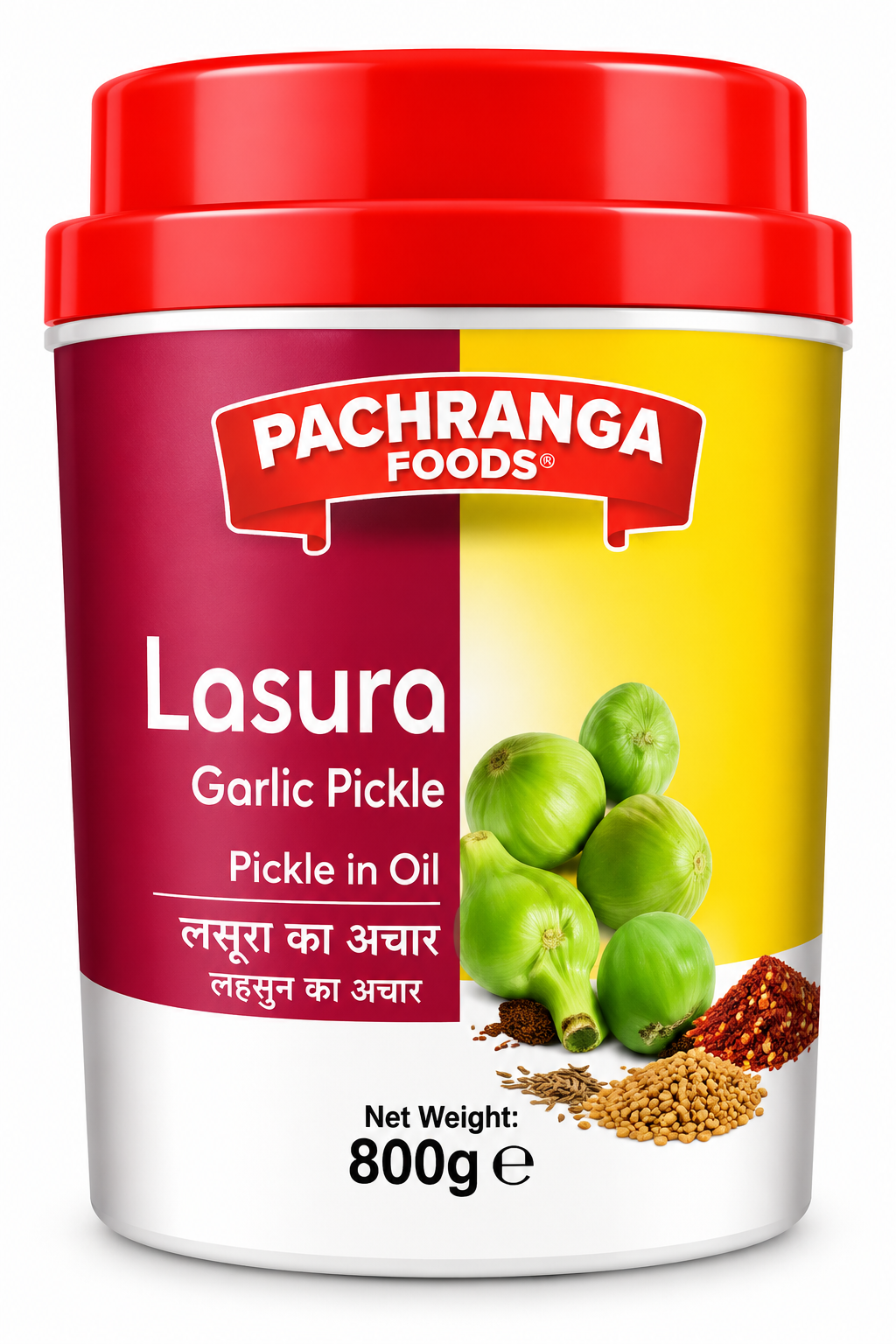 Pachranga Foods Lasura Pickle 800g jar with a red lid and maroon and yellow label, featuring green lasura fruits and spices. Traditional Indian lasura pickle in oil, ideal for serving with rice, roti, parathas, curries, and everyday Indian meals.