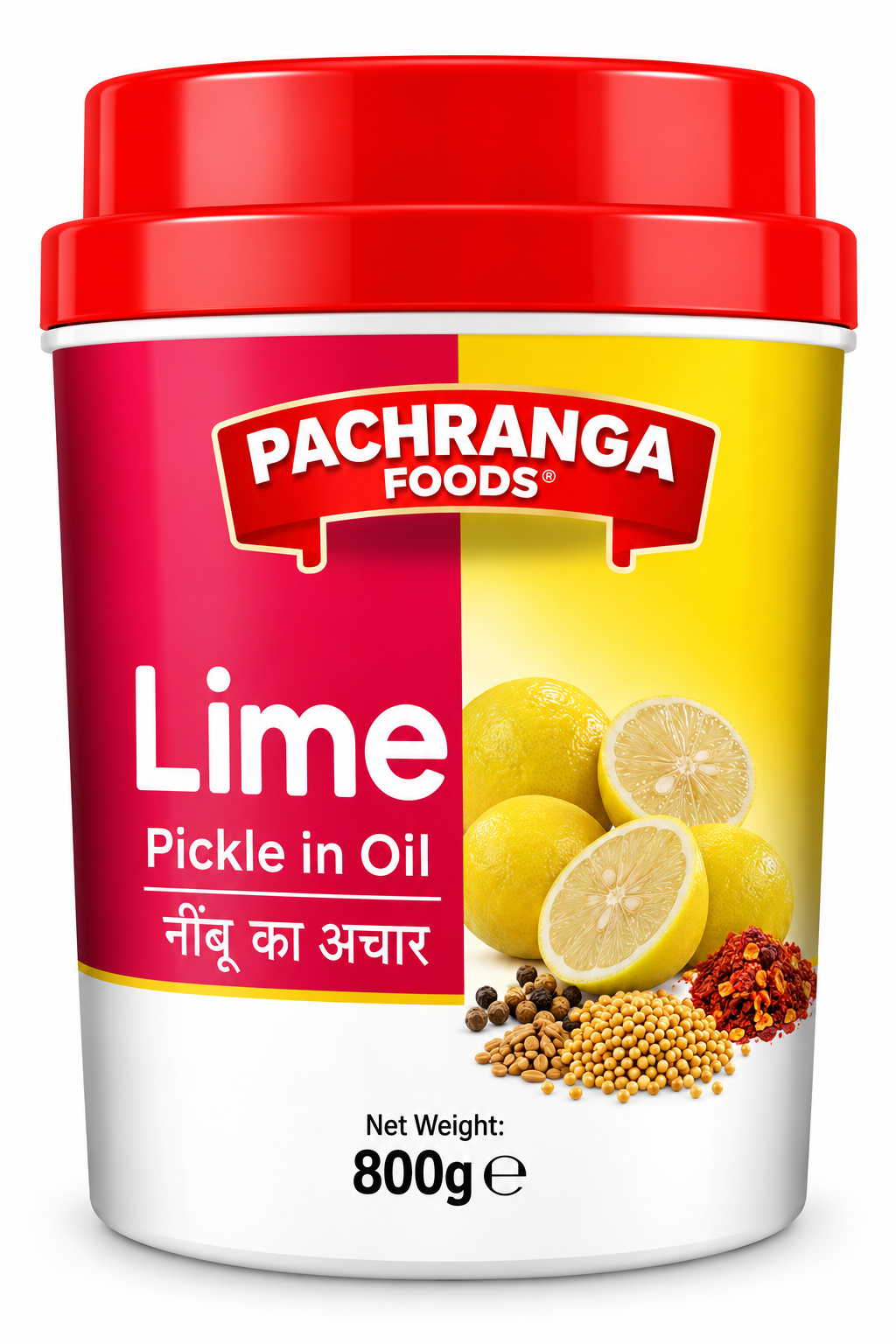Pachranga Foods Lime Pickle 800g in a jar with a red lid and colorful packaging, featuring lime pieces and spices, ideal for serving with Indian meals.