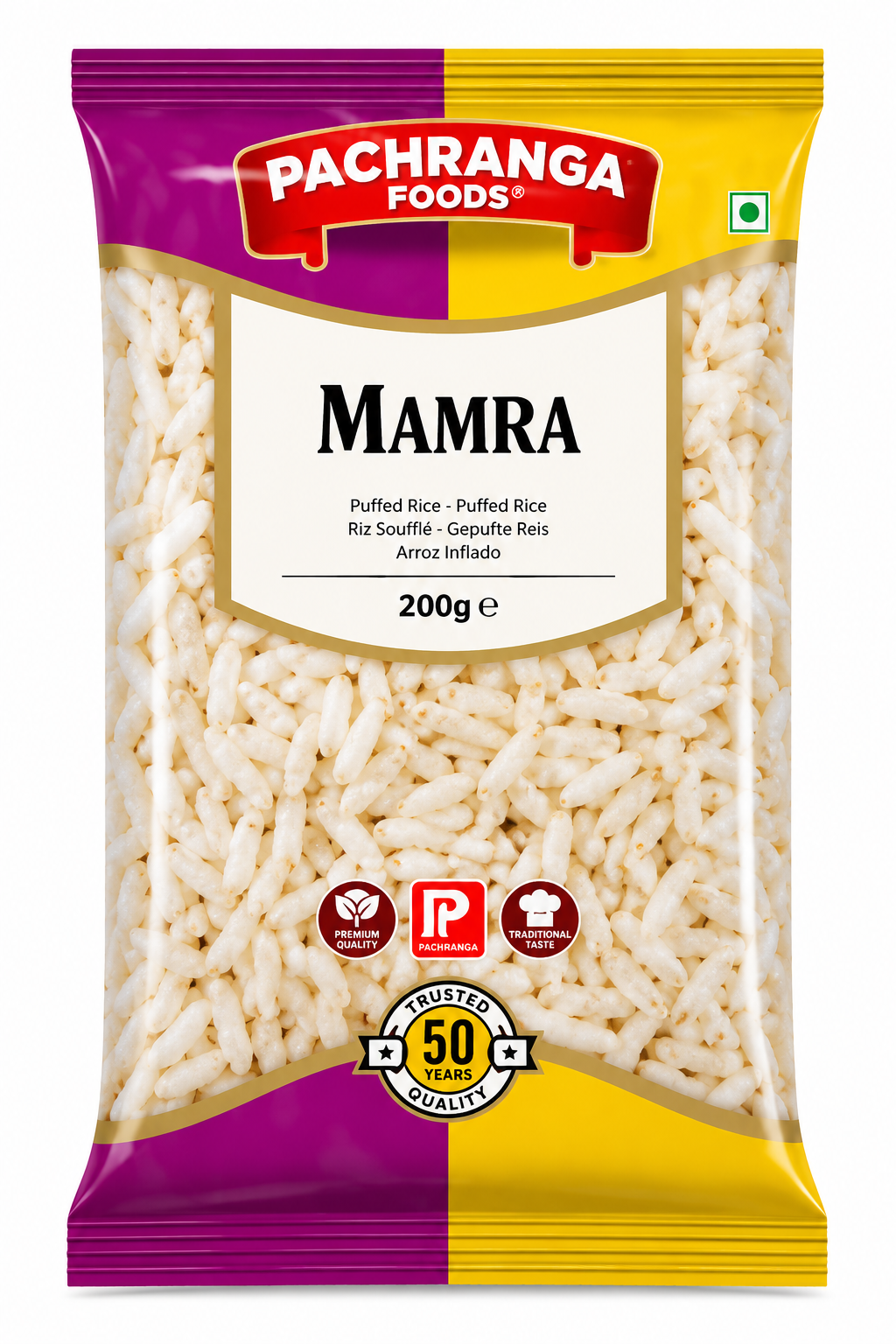 Pachranga Foods Mamra Puffed Rice 200g pouch with purple and yellow packaging, featuring a transparent window showing white puffed rice grains, the Pachranga Foods brand name, and product label, ideal for preparing Indian snacks and traditional recipes.