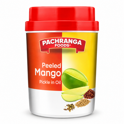 Pachranga Foods Peeled Mango Pickle 800g jar with a red lid and orange and yellow label featuring peeled green mango and Indian pickle spices on a clean white background.