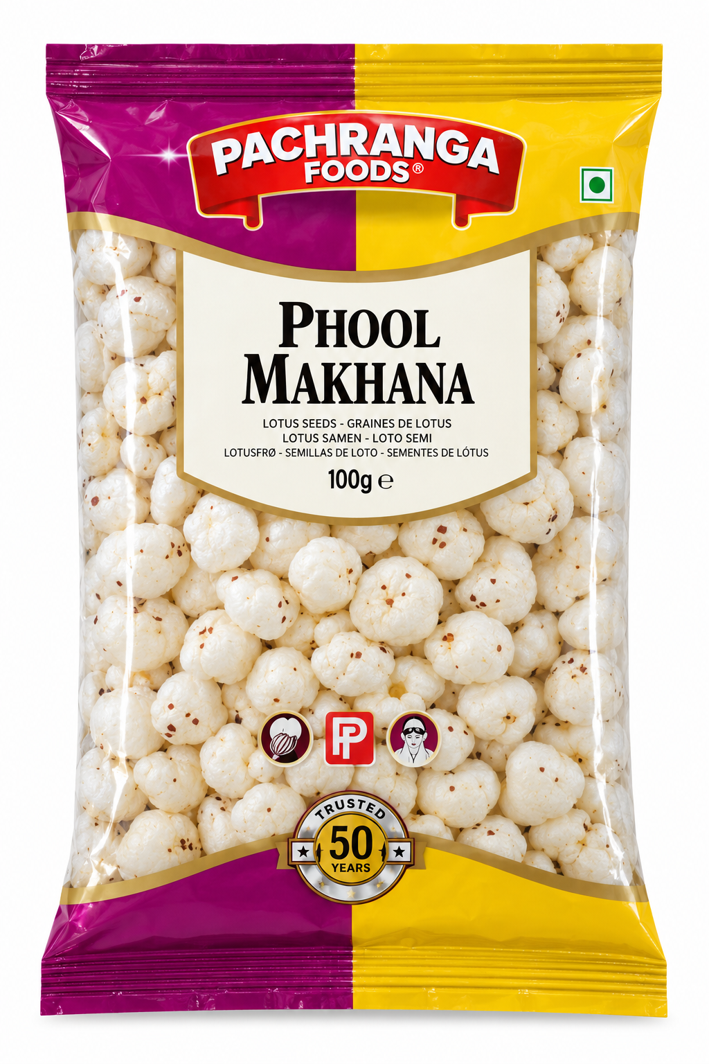 Pachranga Foods Phool Makhana 100g pouch featuring purple and yellow packaging with a transparent window displaying white puffed lotus seeds.