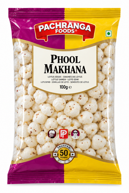 Pachranga Foods Phool Makhana 100g pouch featuring purple and yellow packaging with a transparent window displaying white puffed lotus seeds.
