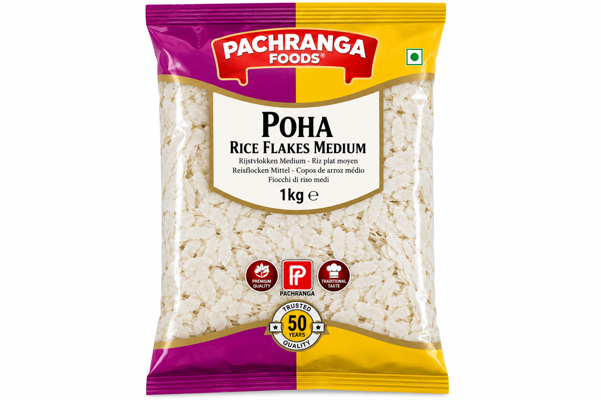Pachranga Foods Poha Medium Rice Flakes 1kg pouch featuring the purple and yellow packaging with visible white flattened rice flakes, ideal for preparing Indian breakfast dishes such as poha.