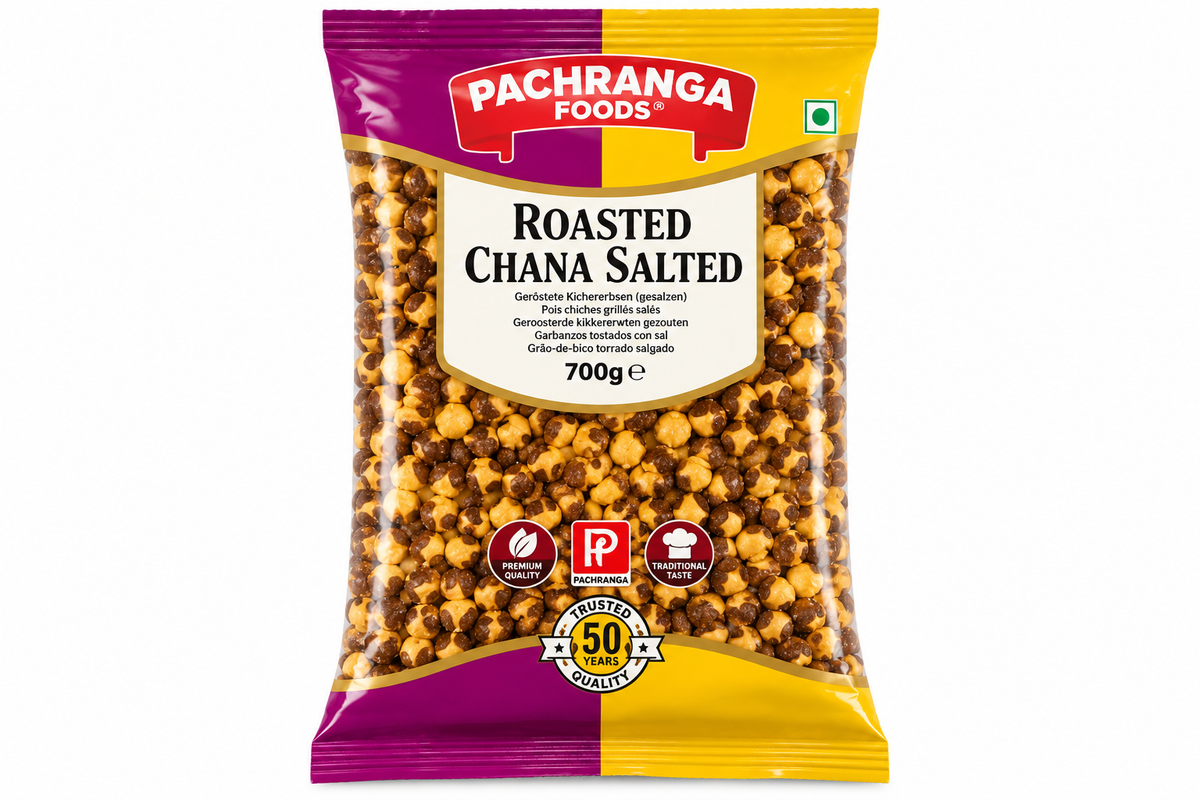 Pachranga Foods Roasted Chana Salted 700g pouch featuring the brand’s purple and yellow packaging, a transparent window displaying roasted chickpeas, and a white product label. A savory Indian roasted chickpea snack suitable for everyday snacking and serving at home.