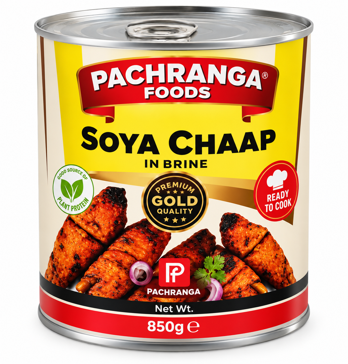 Pachranga Foods Soya Chaap in Brine 850g can with grilled soya chaap imagery.
