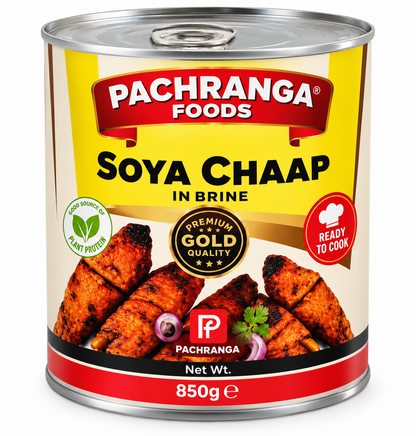 Pachranga Foods Soya Chaap in Brine 850g can with grilled soya chaap imagery.